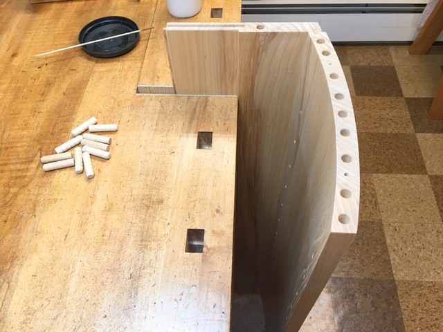 Gluing Curved Side and Back Assembly Dowels